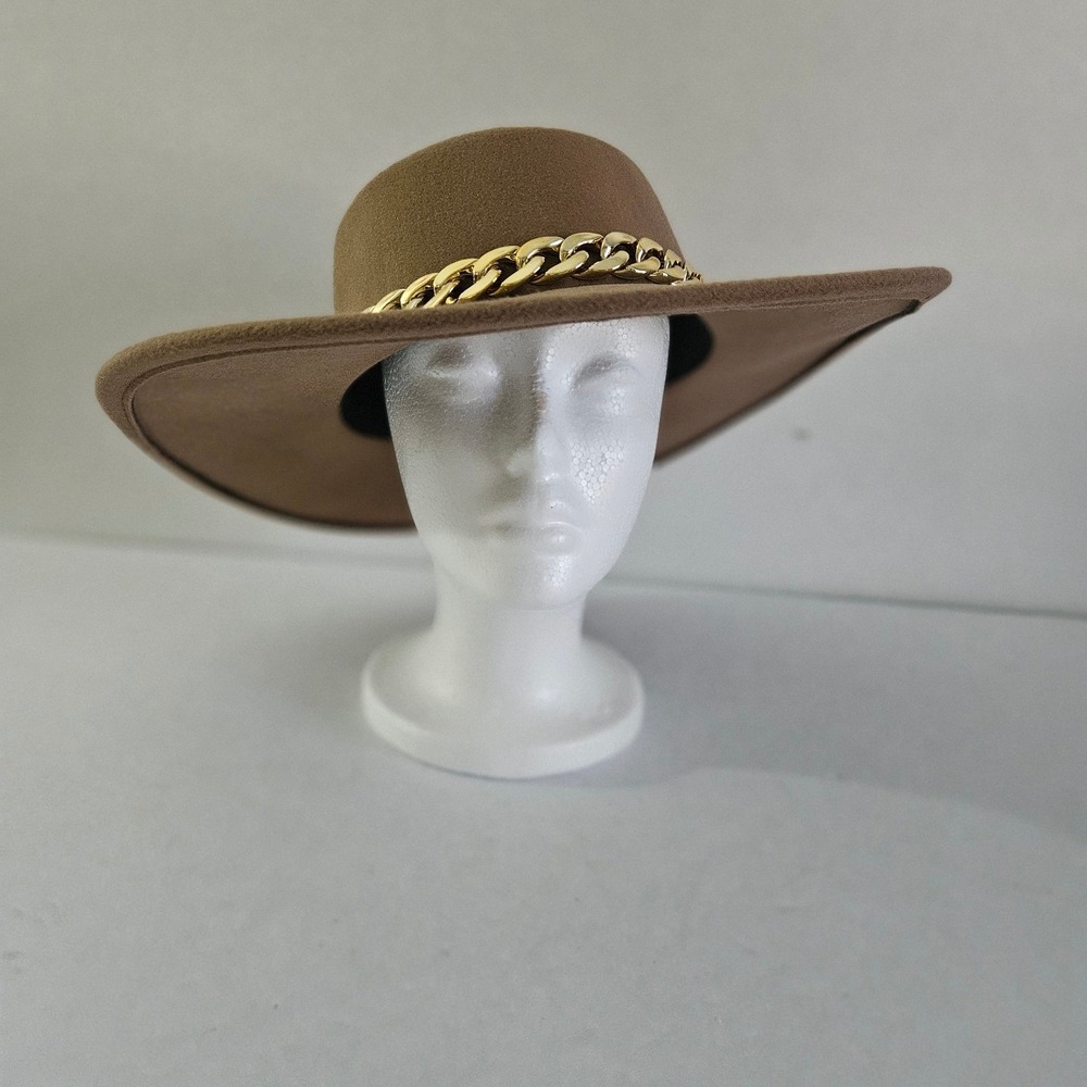 Venus Tan Wide Brim Fedora Hat Gold Chain Detail Fashion Accessory